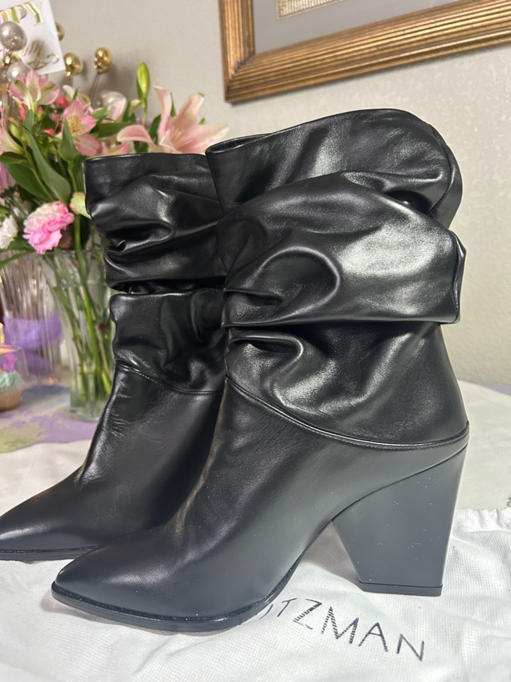 Stuart Weitzman Black Slouchy Pointed-Toe Block Heel Ankle Boots